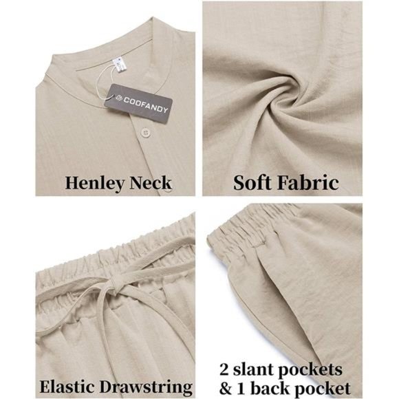 Men's 2 Pieces Linen Set Casual Henley Shirts Short Sleeve Shorts Summer Outfit - Picture 5 of 6